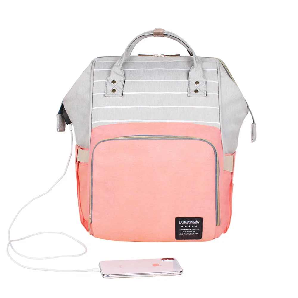 Большая вместительная сумка для мам, сумка для подгузников, сумка для подгузников Bolsa Maternida с принтом, рюкзак для путешествий, дизайнерский рюкзак для ухода за ребенком - Цвет: USB Pink Gray