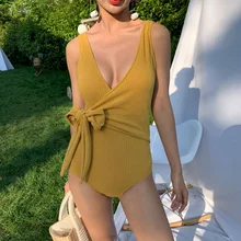 Цельный купальник с запахом, Женский однотонный купальник с поясом, монокини, пуш-ап, купальник с высокой посадкой, трикини, Желтый купальный костюм, пляжная одежда