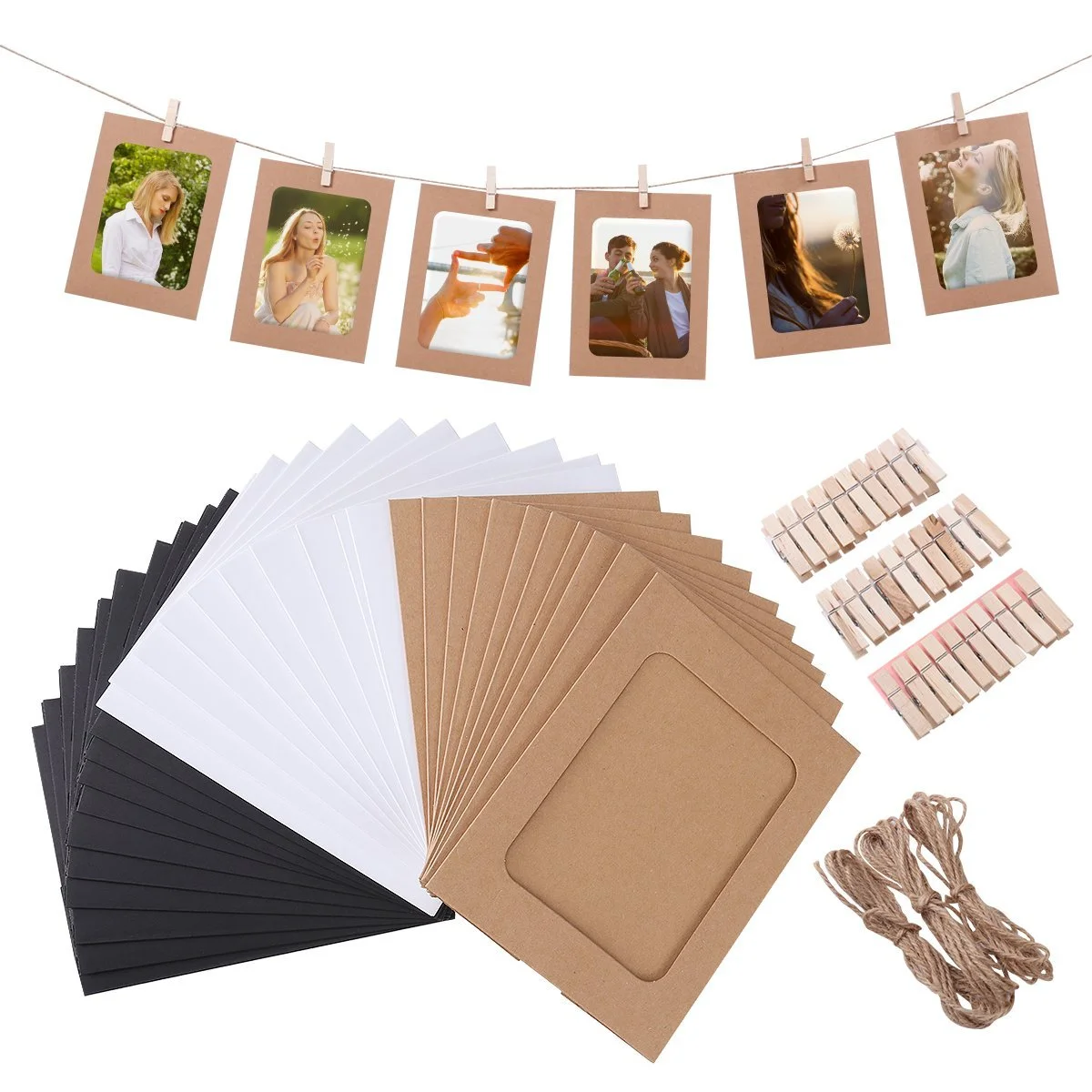 

30 Pcs Photo Frame 3/5/6/7 Inch Combination Wall Picture Frame Album Kraft Paper with Clips and Rope for Wedding Decoration