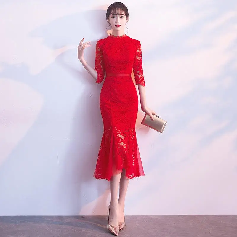 Сексуальное Вечерние Платье длинное Cheongsam женское кружевное тонкое платье свадебное платье роскошное свадебное Qipao модная одежда Vestido - Цвет: Красный