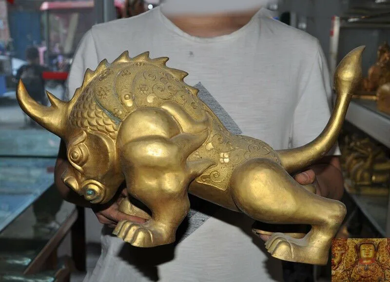 

wedding decoration Rare Old China dynasty Bronze 24k gold Gilt Feng Shui unicorn beast pixiu statue
