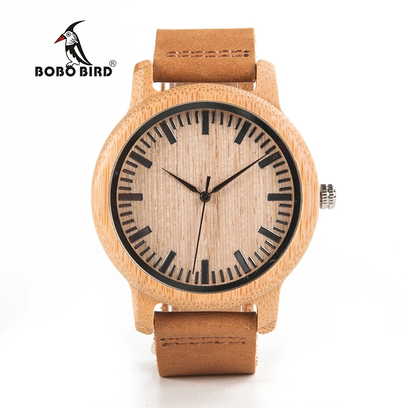 BOBO BIRD V-A16 Fashion Men Wooden Quartz Watch High Quality Bamboo Wristwatch with Brown Leather Band Erkek Kol Saati