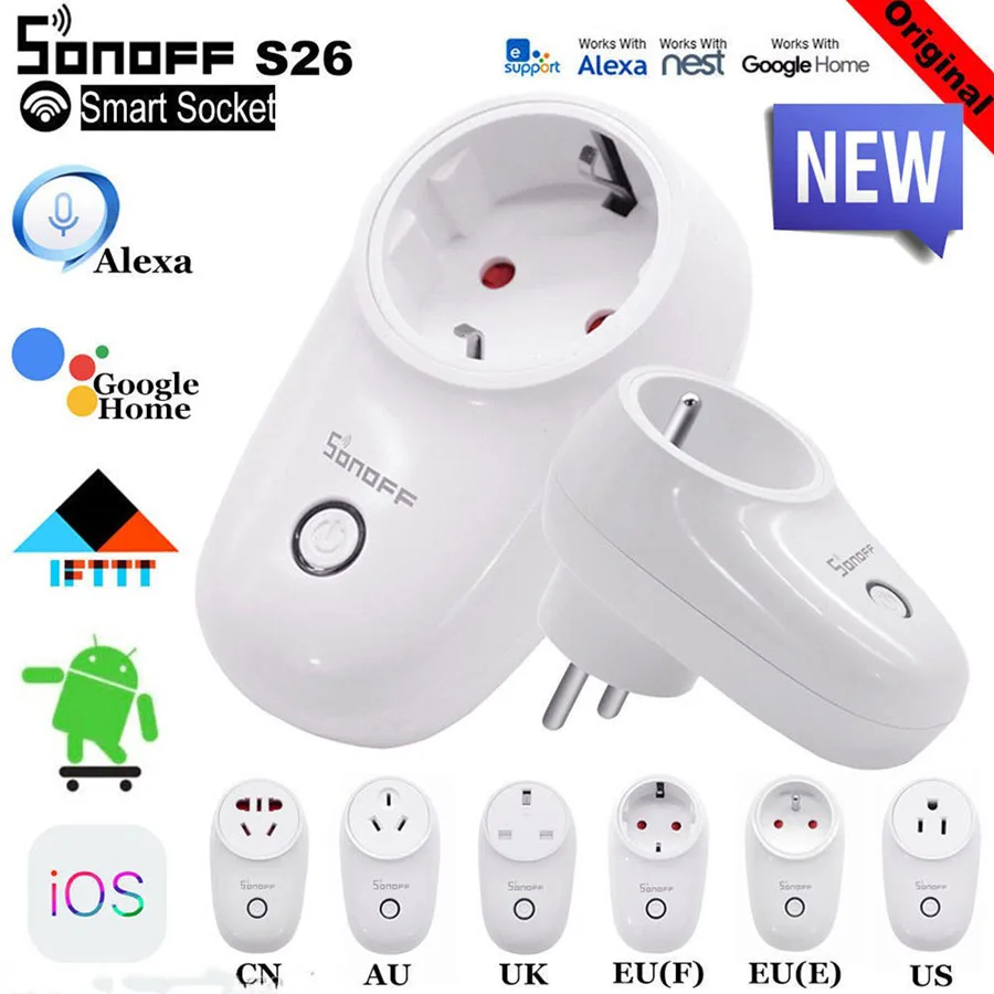 Sonoff S26 Wi-Fi умная розетка Беспроводной ЕС, США, Великобритании CN АС Plug Переключатель Wi-Fi Умный дом автоматизация Системы работает с alexa Google