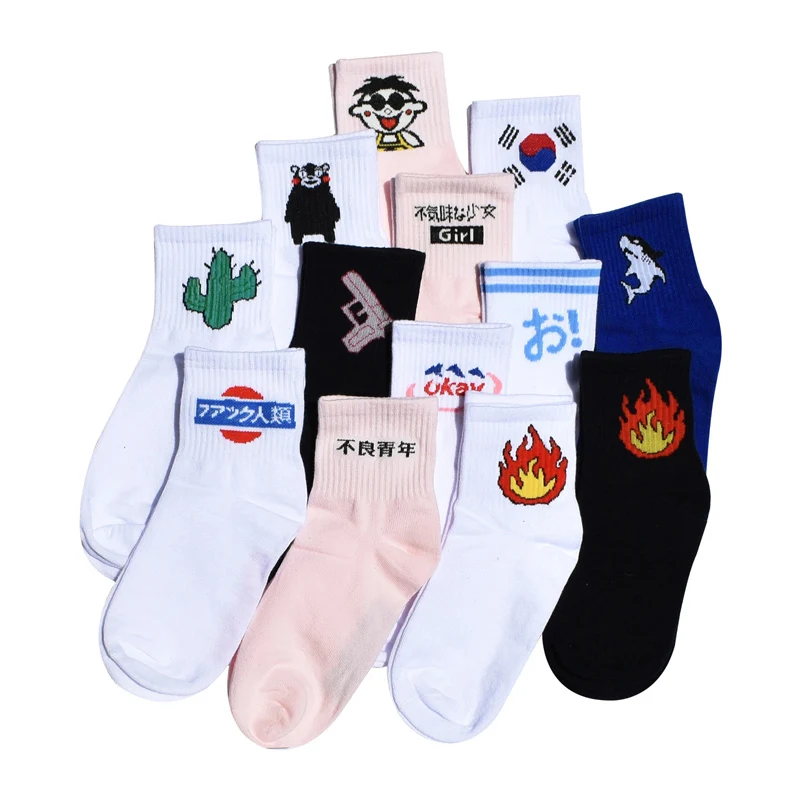 Хлопковые носки унисекс в стиле Харадзюку, повседневные носки Ulzzang Gosha, инопланетянин, земля, котенок, пламя, Китайский Корейский кактусовый пистолет, Акула, разные рисунки