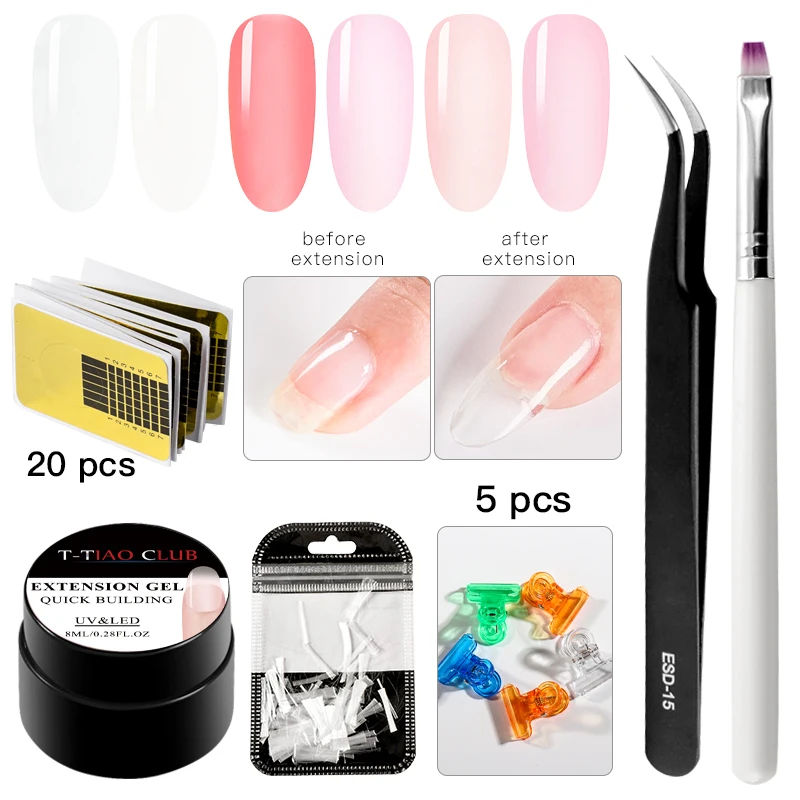 

T-TIAO CLUB Poly Quick Extension Nail Gel Kit Tool Set Pink Clear Nude Soak off UV LED Builder Nail Gel Tips Building Nails Art