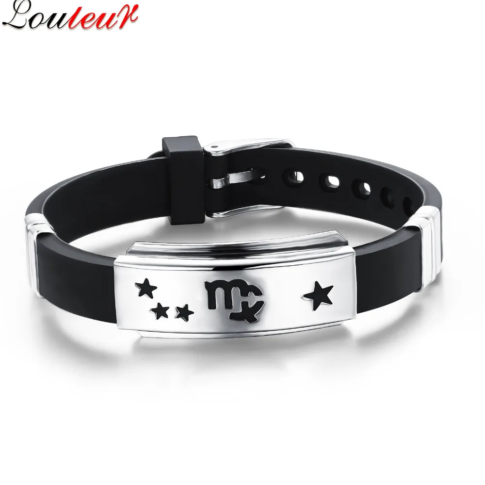 

LOULEUR 12 Constellation Zodiac Sign Bangle Vintage Silver Star Charm Bracelet For Men Women Wide Bangle Armband Punk Jewelry