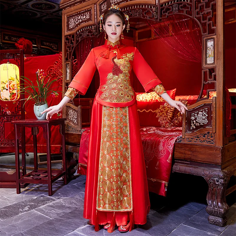 Китайский Красный вышивки Павлин Леди Cheongsam Новинка Свадебное платье Винтаж Qipao вечерние платья полной длины Vestidos