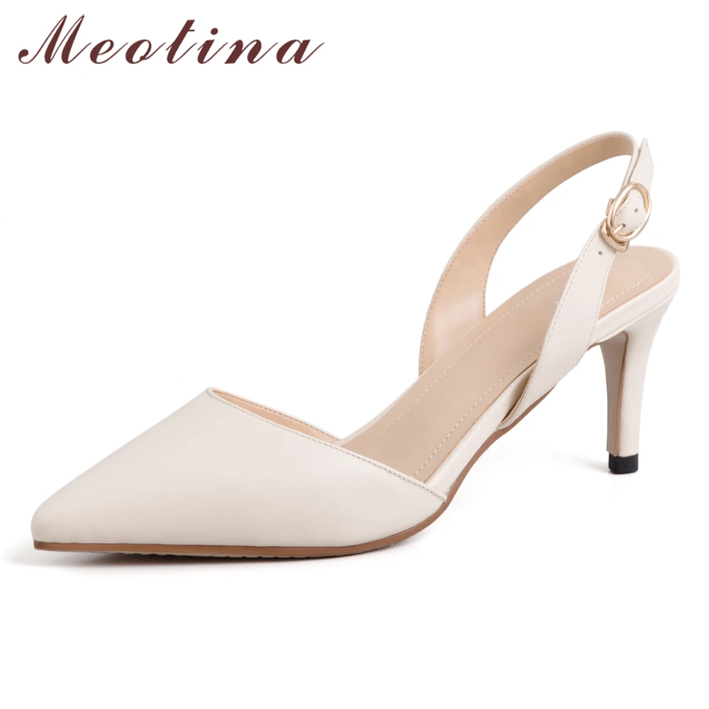 

Meotina High Heels Women Slingbacks Shoes Natural Genuine Leather Thin High Heel Office Lady Shoes Cow Leather Buckle Pumps 3-9