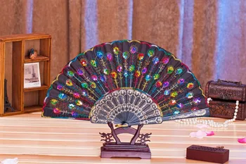 

(100 pieces/lot) New fashionable sequins peacock fan Handmade dance hand fans Dancing supplies Many colors available