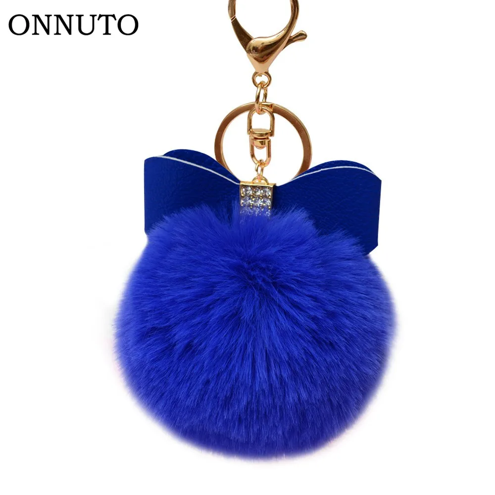 Cute Fur Pompom Keychain Bowtie Decor Fake Rabbit Ball Keychains Women Car bag Key Ring Jewelry Gift Fluffy Chain | Украшения и