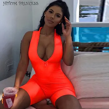 

HITOM PRINCESS Sleeveless Skinny Playsuits Women Zipper Bodycon Sexy Jumpsuit Rompers Streetwear Shorts Bodysuit Sporting Outfit