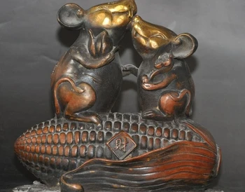 

china fengshui bronze copper gilt 2 Mouse Rat Mice Corn wealth money coin statue