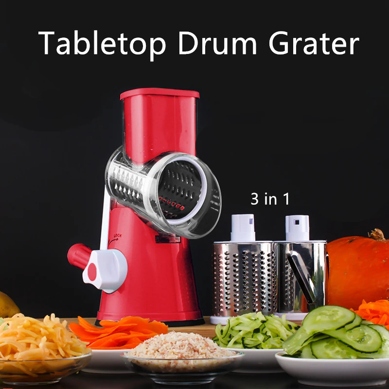 

Manual Round Mandoline Vegetable Slicer Cutter Onion Potato Carrot Grater With 3 Chopper Blades Tabletop Drum Kitchen Gadgets