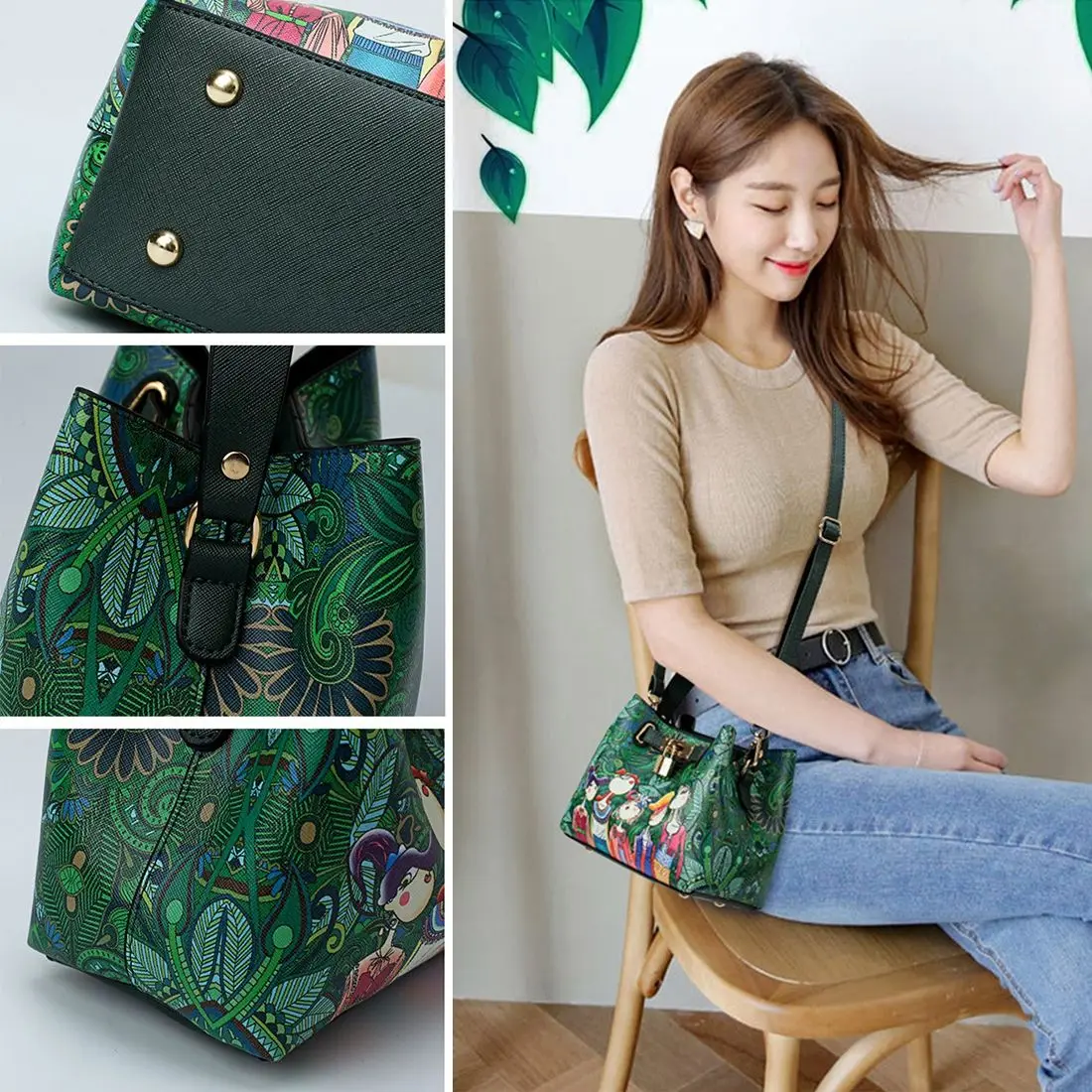 

JHD Ms. patchwork forest girl printing green PU leather fashion trend multi-use shoulder diagonal package