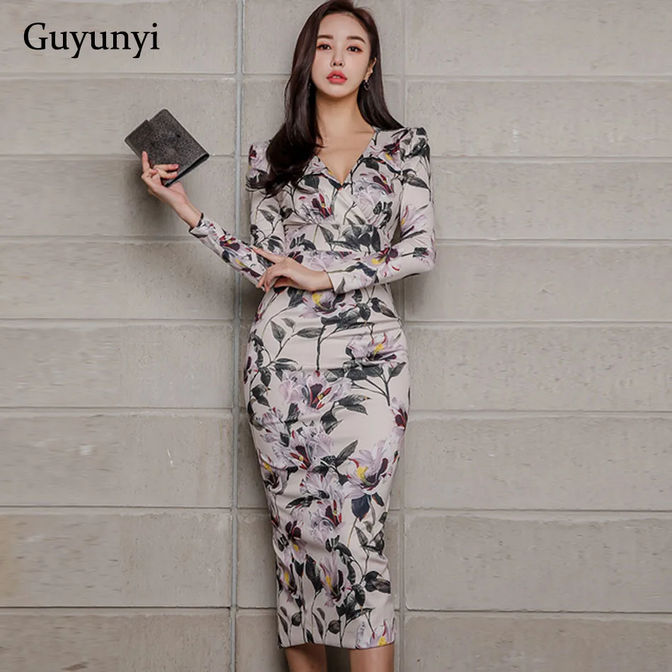 

WHOHOLL Floral 2019 Spring Office Lady Dress V-neck High Waist Mid-calf Length Wrist Sleeve Pencil Women's Dresses