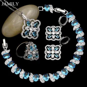 

Fashion Silver 925 Jewelry Sets Sky Blue Cubic Zirconia Fashion Bracelet/Earrings/Ring/Necklace Jewellery Sets For Bridal