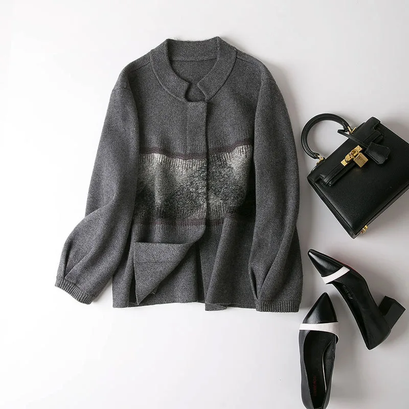 Осень и зима женский высококлассный эксклюзивный шерстяной смешанный вязаный кардиган с рукавами семь точек пальто - Цвет: Серый
