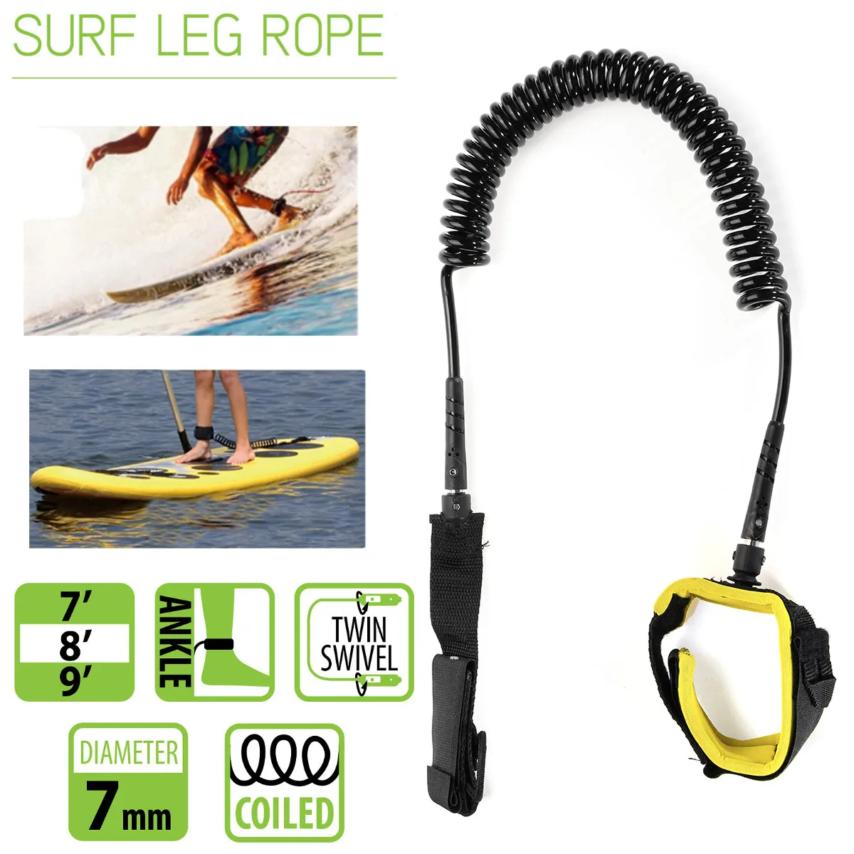 10ft 7 مللي متر سوب الكاحل المقود ركوب الأمواج ملفوف مجداف وقوف مجلس TPU مجداف مجلس حبل تصفح التبعي