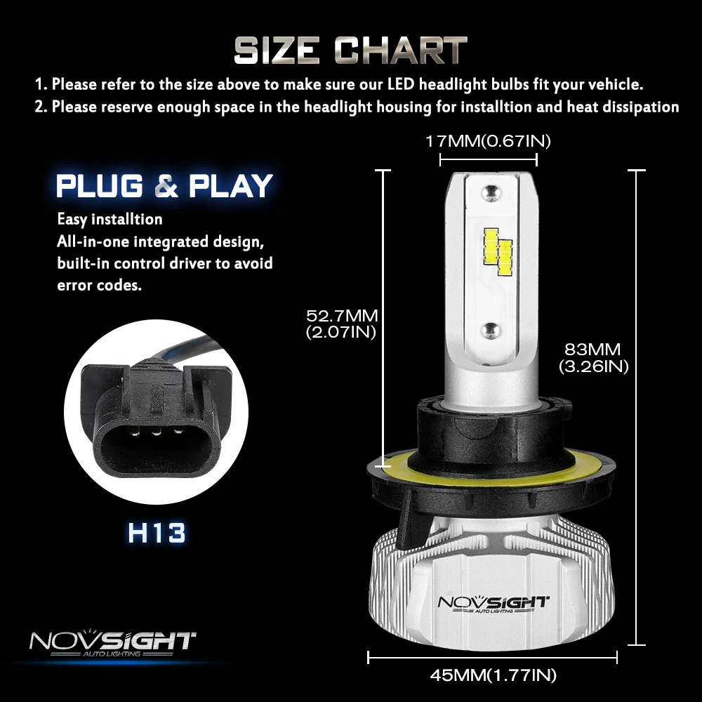 NOVSIGHT-Farol LED para carro, Hi-Lo Beam, Lâmpada