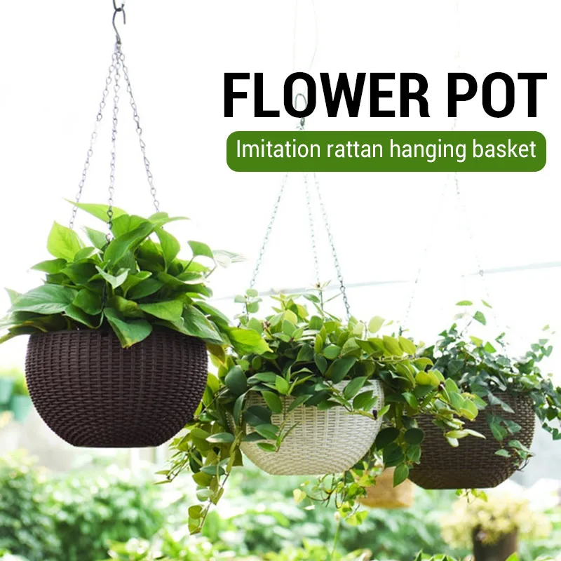

Flower Pot Basket Garden Pot Imitation Rattan Weaving Chain Hanging Planters Baskets Economic PP Convenient Hydroponic Plants