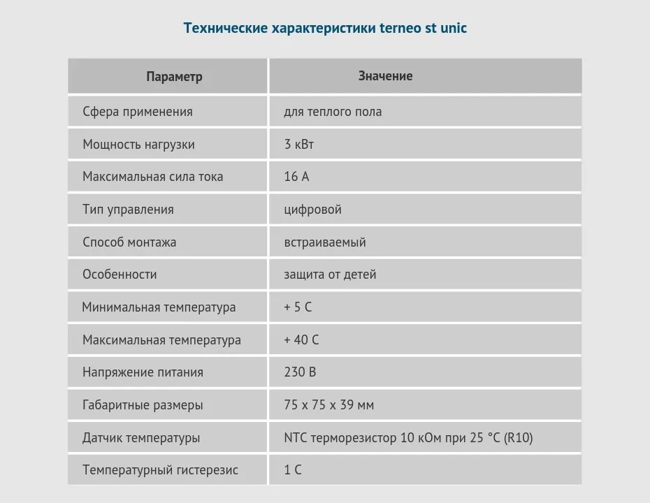 Terneo st unic - электрический, цифровой терморегулятор с кнопочным управлением для теплого пола и датчик температуры пола (в комплекте рамка Unica