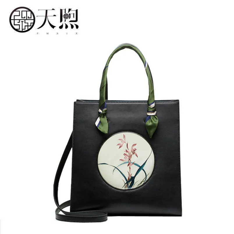 

2019 new superior Cowhide women Leather bag fashion Hand embroidery leather tote women bag designer leather shoulder bag
