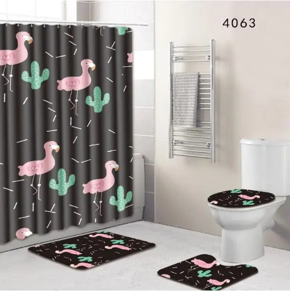 

50*80cm Black 4PCS Flamingo Animal Polyester Pink Shower Curtain Washable Decor Curtains Lid Toilet Cover for Bathroom Shower