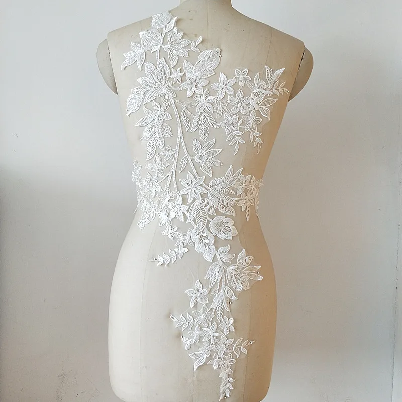 

1pcs 43x73.5cm width ivory sequins beads back dress embroidery lace appliques patches Z24Z150E181204T