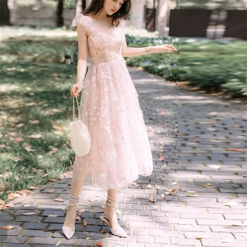 

Limiguyue mesh lace embroidery pink party dress summer ruffles cute sleeveless women dresses spaghetti strap long vestidos T635