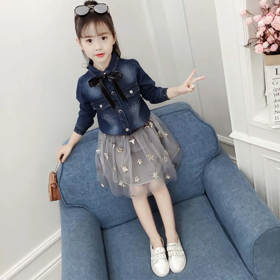 

Spring Autumn Kids Casual Baby Girl Clothes Girls Clothing Sets Long Sleeve Coats +Print Stars Skirt Casual 2PCS Girls Suits