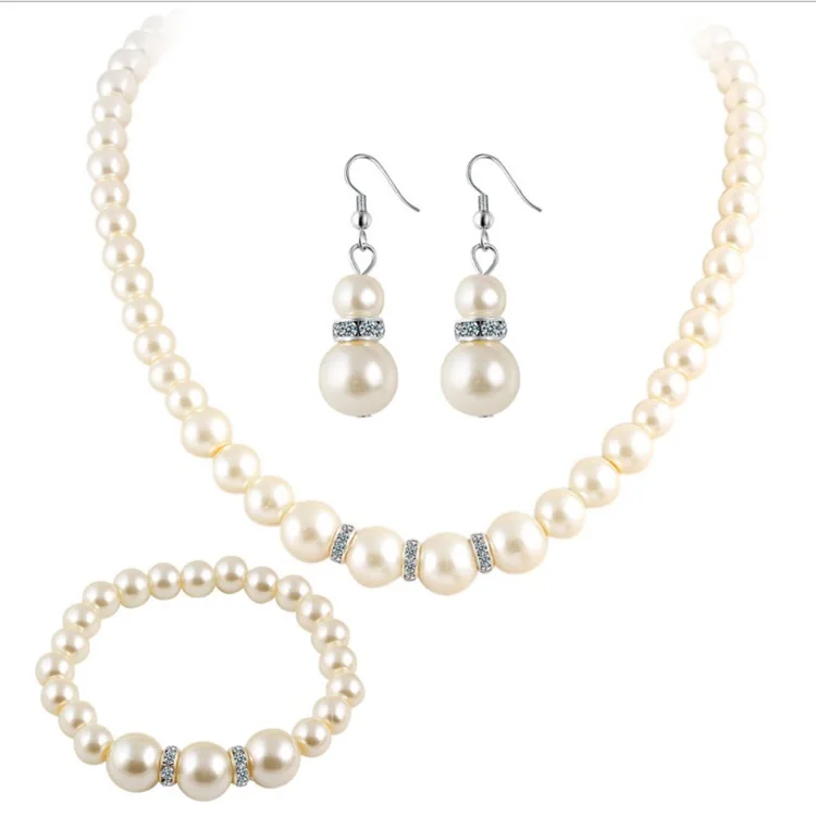 

USENSET Charm Dangle Earring King's Style Necklace Bracelet Pearl Round Chain -Piece Three Jewelry Set