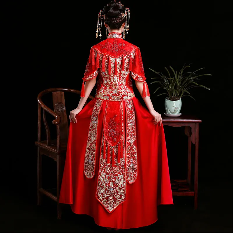Красный дракон платье невесты Китайский традиционный свадебный костюм Феникс Ципао шоу одежда тонкий стиль для свадьбы