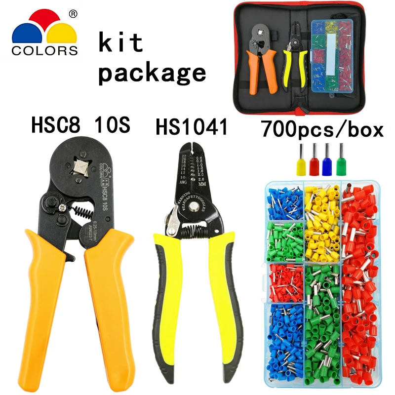 

COLORS Kit HSC8 10S 0.25-10mm2 crimping pliers HS1041 multifunction stripping cut wire plier suit 700pcs/box tube terminal tools