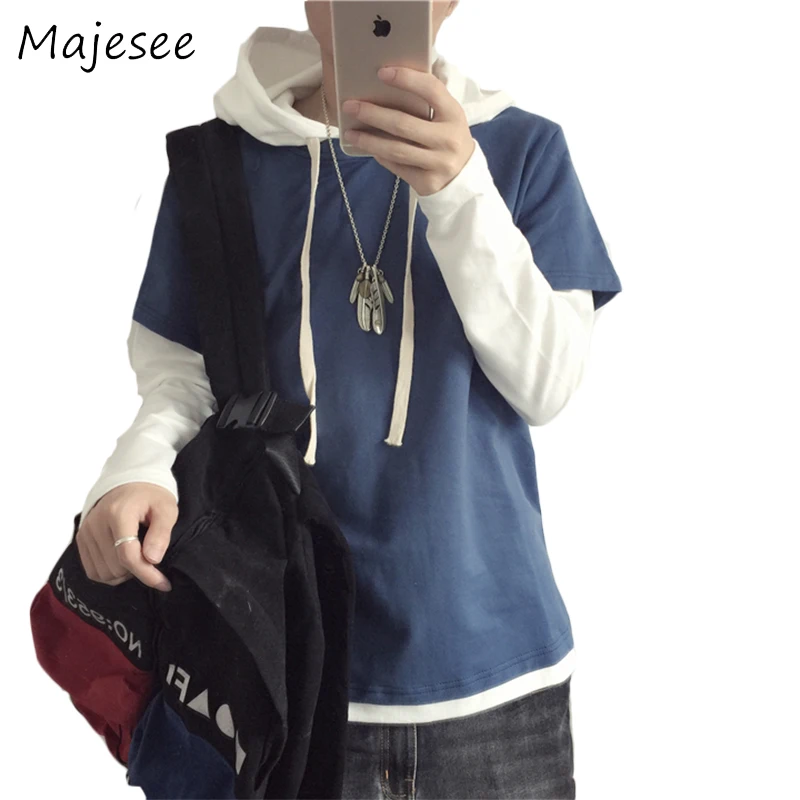 

Hip Hop Men with Hat Hoodies & Sweatshirts Mens Hoodie Patchwork Long Sleeved Thin Loose Korean Style New Male Students Clothing