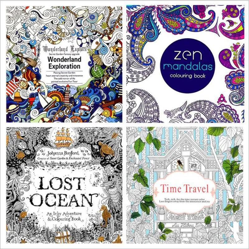 24 Pages English Time Travel Painting Book Adult Decompression Drawing Mandala Lost Ocean Painting This Office Stationery 4pcs