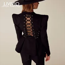 [LIVIVIO] черная приталенная куртка с асимметричным подолом и длинным рукавом, Женский блейзер с v-образным вырезом, Готическая мода осень