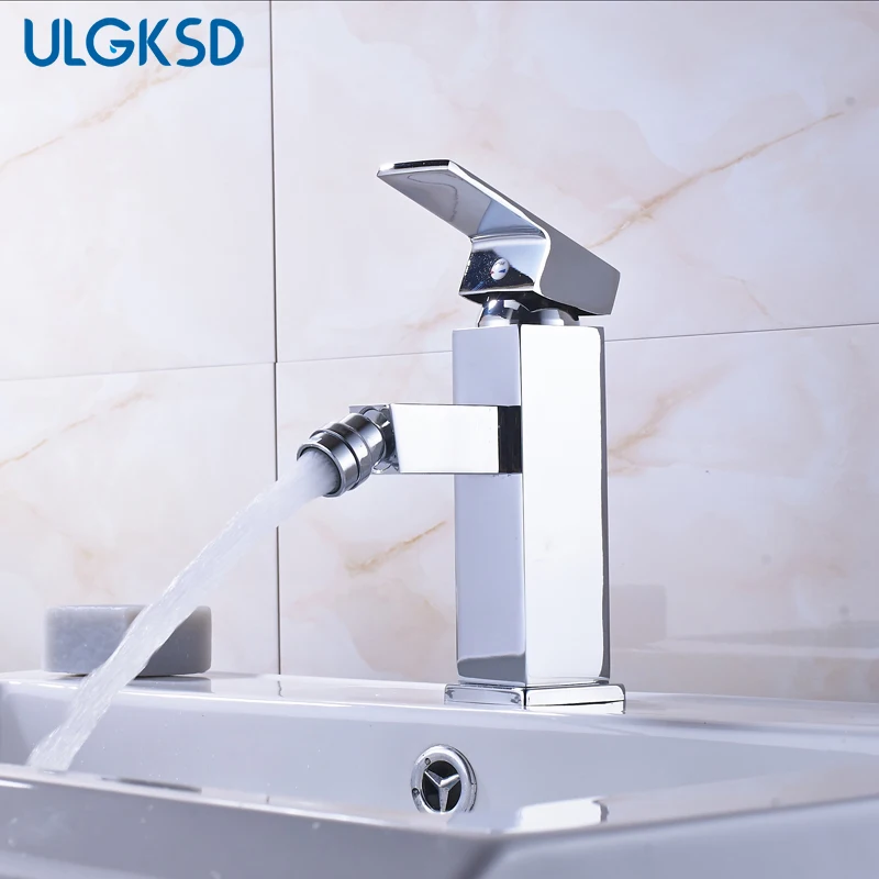 ULGKSD Bathroom Sink Faucet Chrome Brass 360 Rotation Spout Single Handle Hot and Cold Water Mixer Tap Para Bathroom Sink 