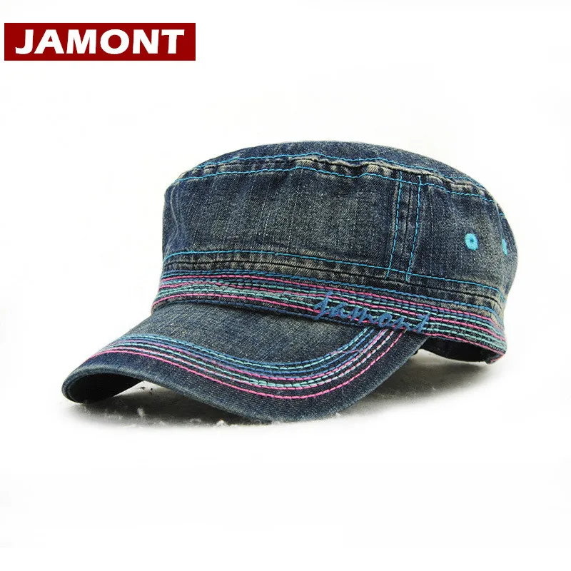 

[JAMONT] Denim Military Hats Men Women Cap Striped Flat Hat Bone Outdoor Spring Summer Hat Unisex Visor Gorras