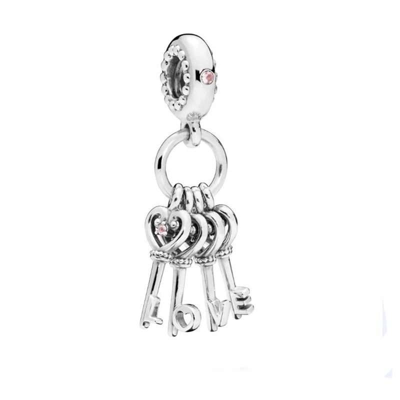 

Free Shipping 925 Sterling Silver Keys of Love Hanging Charms CZ Crystal Beads Fit Pandora Bracelet For Women Jewelry Hot Sell