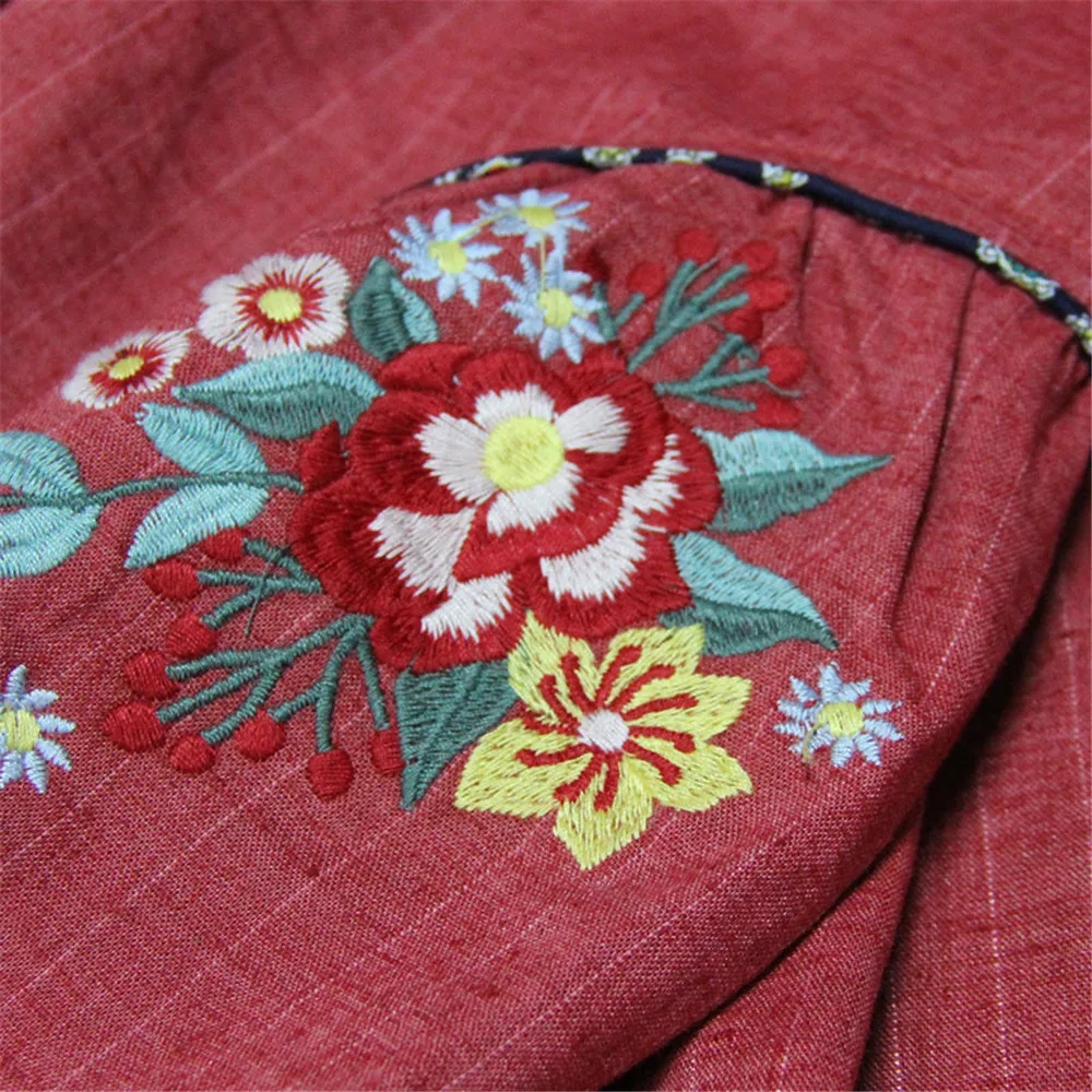 Vintage Spring Women's Dress 2018 New Cotton Linen Vestidos A-line Lantern Sleeve Stand Collar Belted Red Dresses For Women (51)