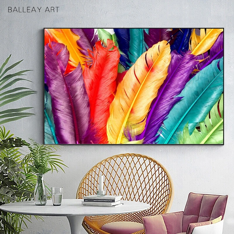 Colorful Feather Wall Art Pictures Nordic Canvas Painting For Living