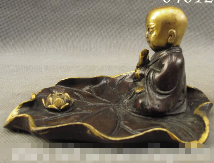 

S0473 Chinese Bronze Gilt Kid Monk Amitabha Buddha Lotus Statue Ashtray Brush Washer