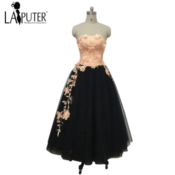 

2017 New Arrival Strapless Peach Pink Lace Appliques 3d Flowers Puffy Elegant Black Vintage Arabic Evening Prom Dresses LAIPUTER