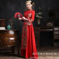 Красный невесты свадебное платье для женщин Традиционный китайский стиль Cheongsam Длинные Qi Pao Китай магазин одежды Восточный халат вышивка