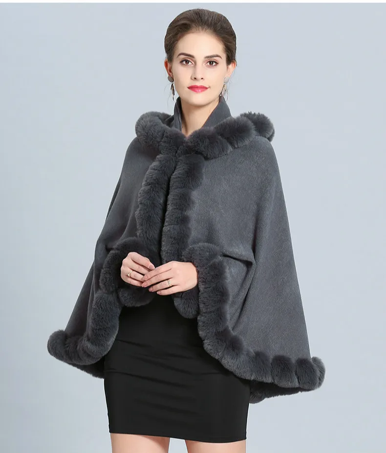 European Women Cloak Faux Fox Fur Patchwork Woolen Coats 2019 Autumn Winter Female Hooded Outerwear Wool Jackets Party Clothing black puffer coat with hood