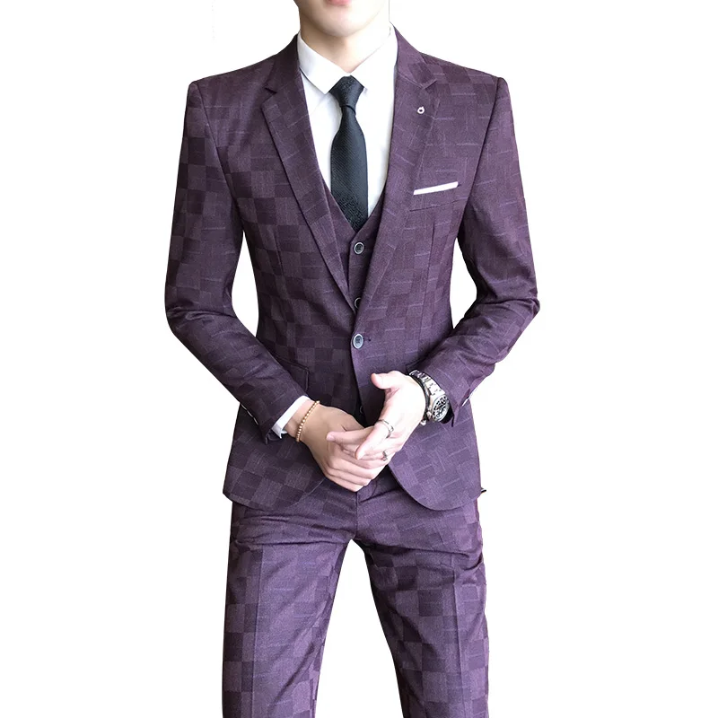 Мужской костюм из 3 предметов, пиджак, брюки с капюшоном, новинка, поли вискоза, клетчатый однобортный пиджак, S-5XL, фиолетовый, синий, черный