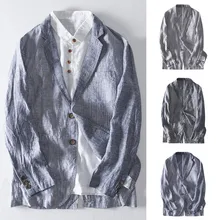 Мужская тонкая куртка, Модный повседневный Мужской приталенный льняной пиджак с карманом в полоску, костюмы с длинными рукавами, пиджак, верхняя одежда M-3XL