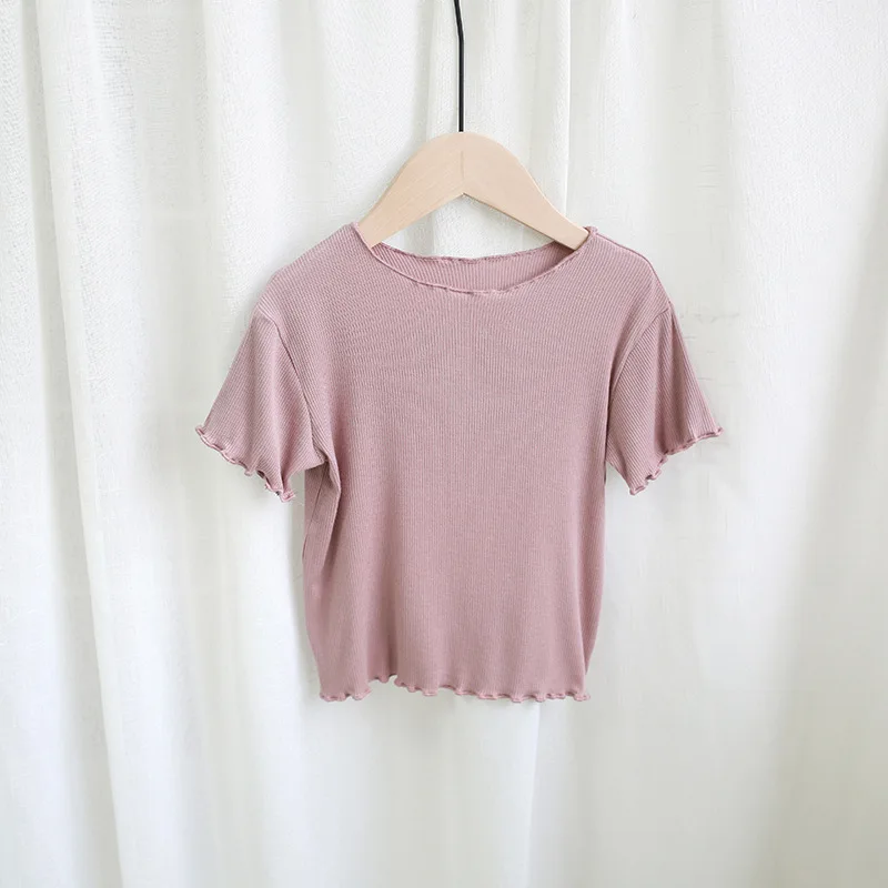 Тонкая футболка для малышей коллекция года, модная футболка с короткими рукавами для маленьких девочек летние топы для маленьких девочек с круглым вырезом, красивая детская одежда в полоску в рубчик - Цвет: Розовый