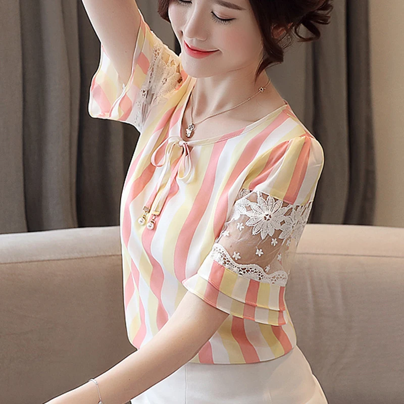 

Stripe Short Sleeve Blouse Summer Mesh Pink Lace-up Korean Style Office Womens Blouses Chiffon Green Loose Women Tops Ladies XXL