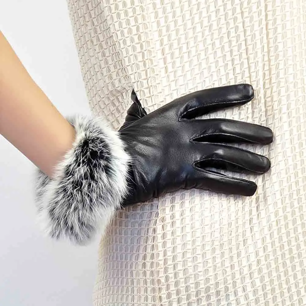 Зимние теплые женские перчатки из натуральной кожи с кроличьим мехом, женские перчатки, повседневные Мягкие Перчатки для фитнеса, SR171 - Цвет: Blackgrey